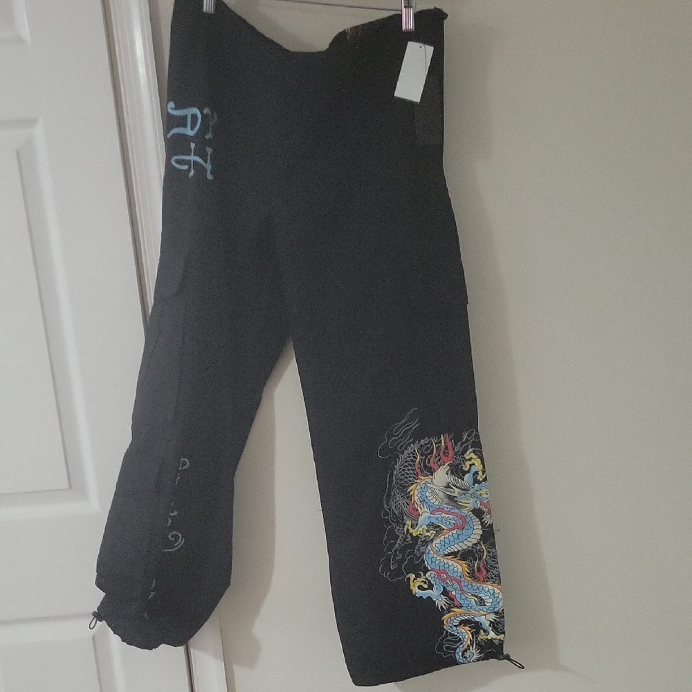 Ed Hardy Black  Women Pants with Colorful Dragon Embroidery